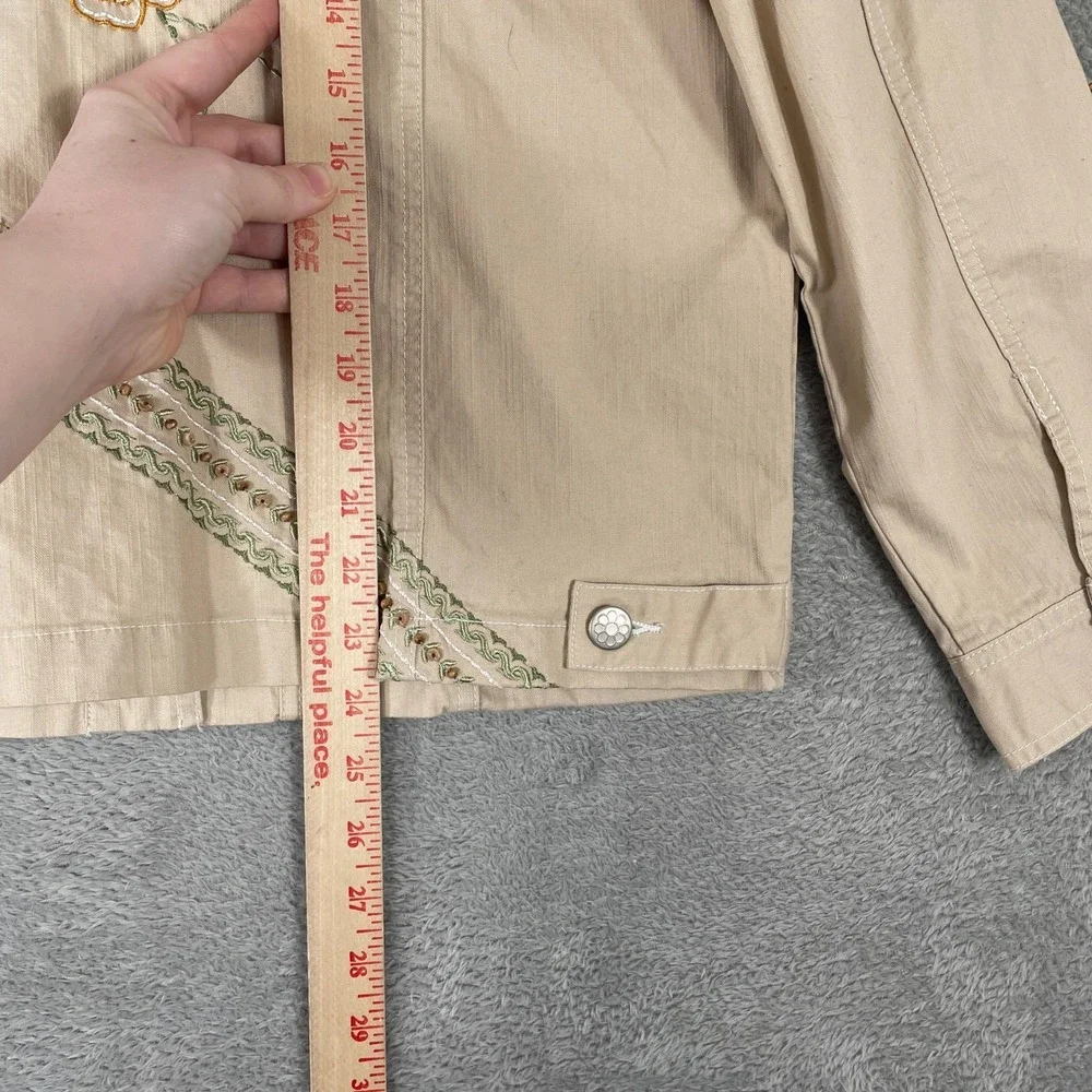 Graff Denim Jacket Womens Medium Tan Floral Embroidered Beaded Boho Art to Wear - Picture 5 of 8